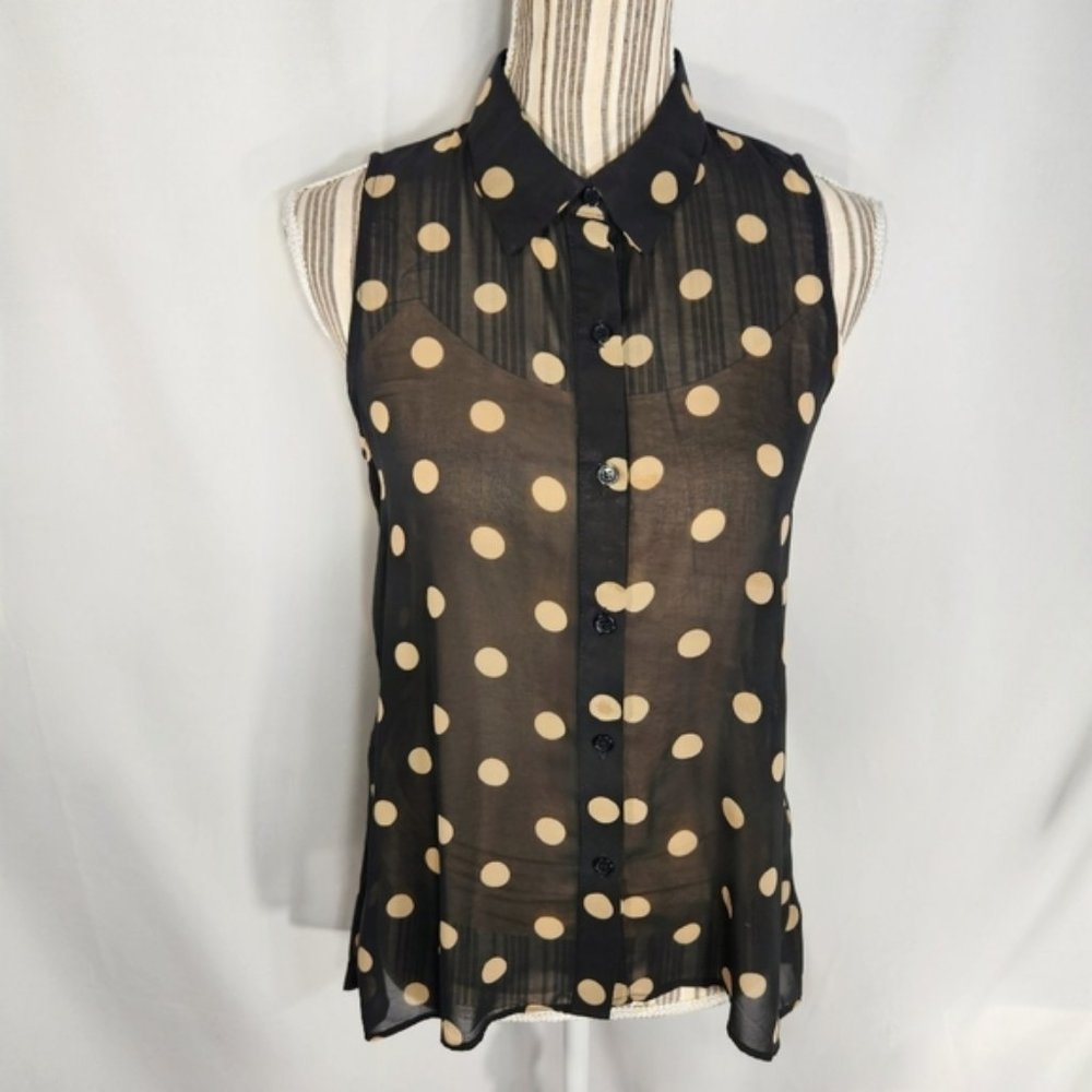 Sans Souci Black w/Tan Dots Button Down Collared Sleeveless Top Size Small
